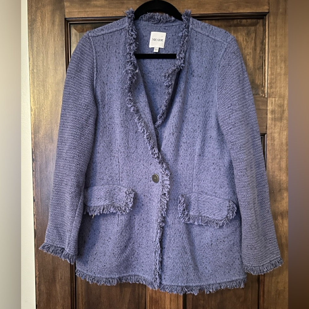NIC+ZOE Women's Blue Fringe Trim Blazer Jacket Size Large Textured Knit